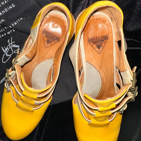 John Fluevog Vintage Yellow Leather And Cork Pindown Farrah High Heel Shoes Sz 7 - Picture 8 of 10